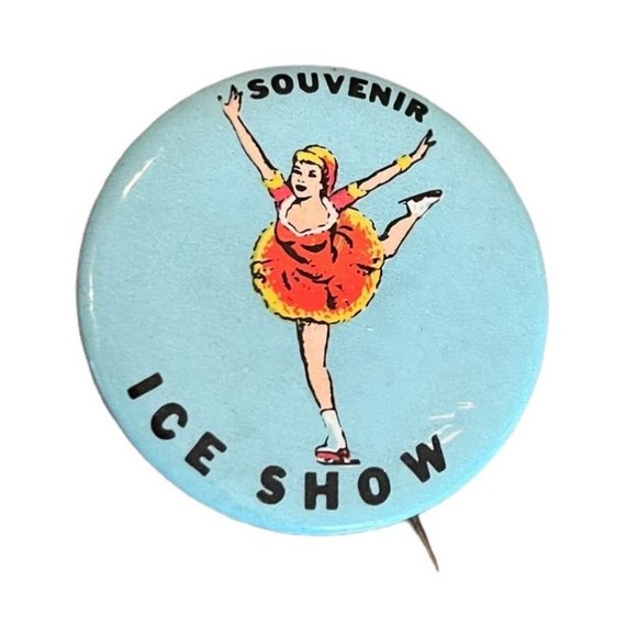 Vintage 1950s Souvenir Extended Pinback Ice Show Ice Skater Blue 1.75" Diameter - Picture 3 of 7